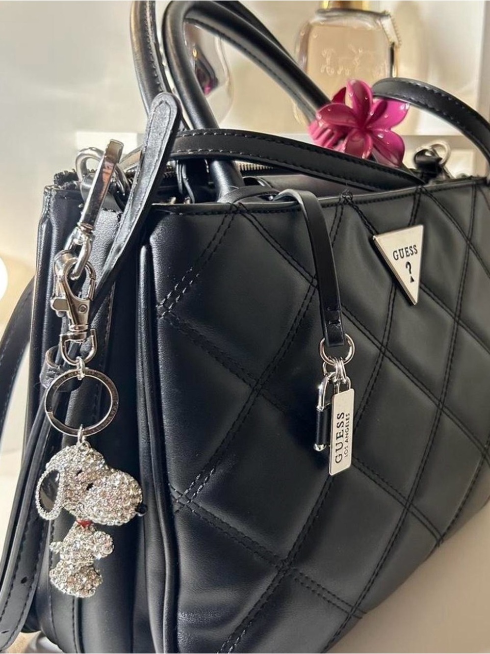 Guess Black Quilted Satchel with Rhinestone Dog Charm